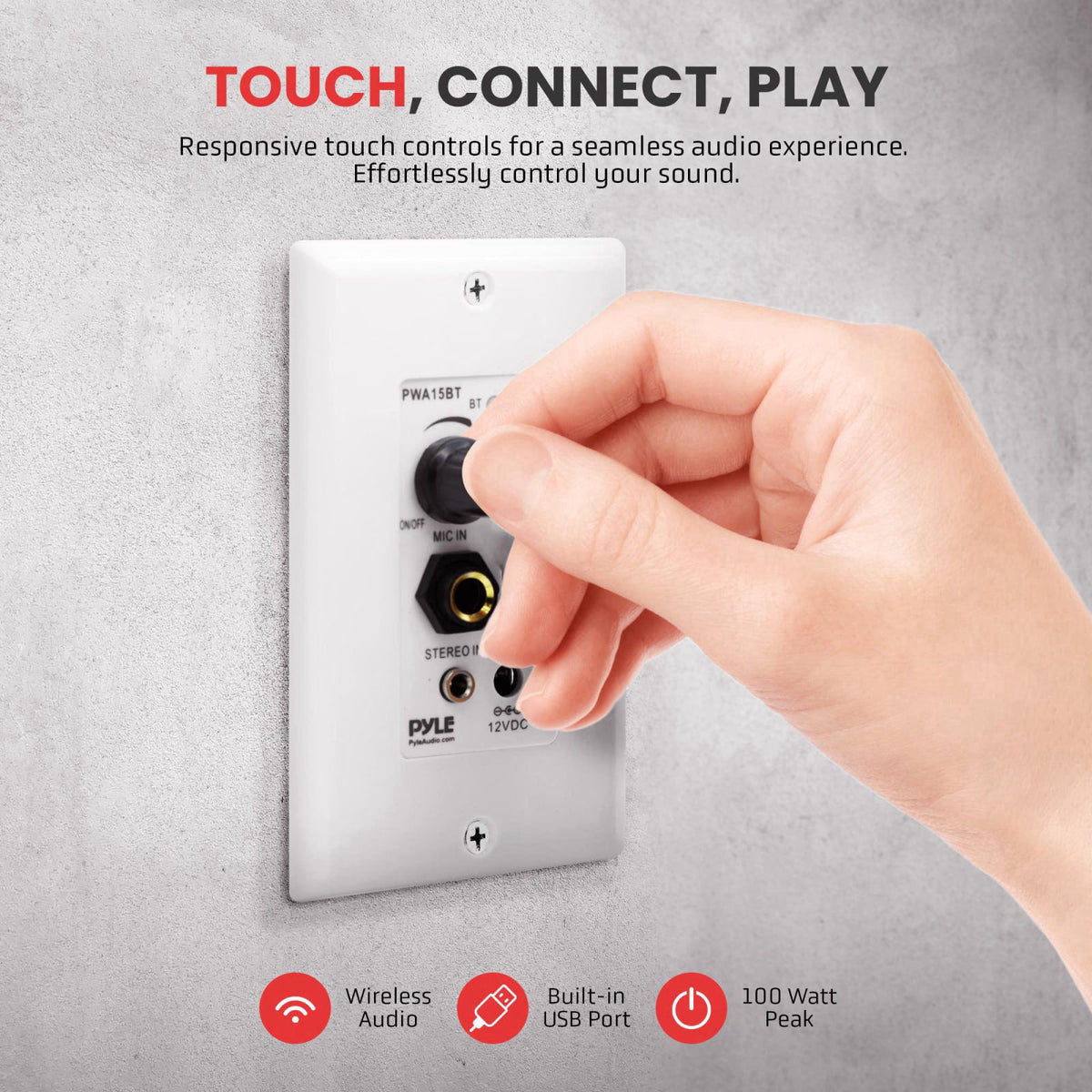 Pyle Wireless BT Receiver Wall Mount - 100W In-Wall Audio Control Receiver w/ Built-in Amplifier, USB/Microphone/Aux (3.