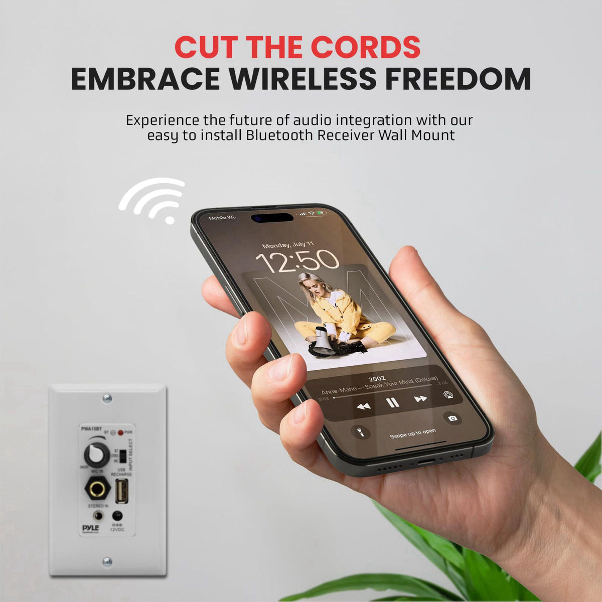 Pyle Wireless BT Receiver Wall Mount - 100W In-Wall Audio Control Receiver w/ Built-in Amplifier, USB/Microphone/Aux (3.