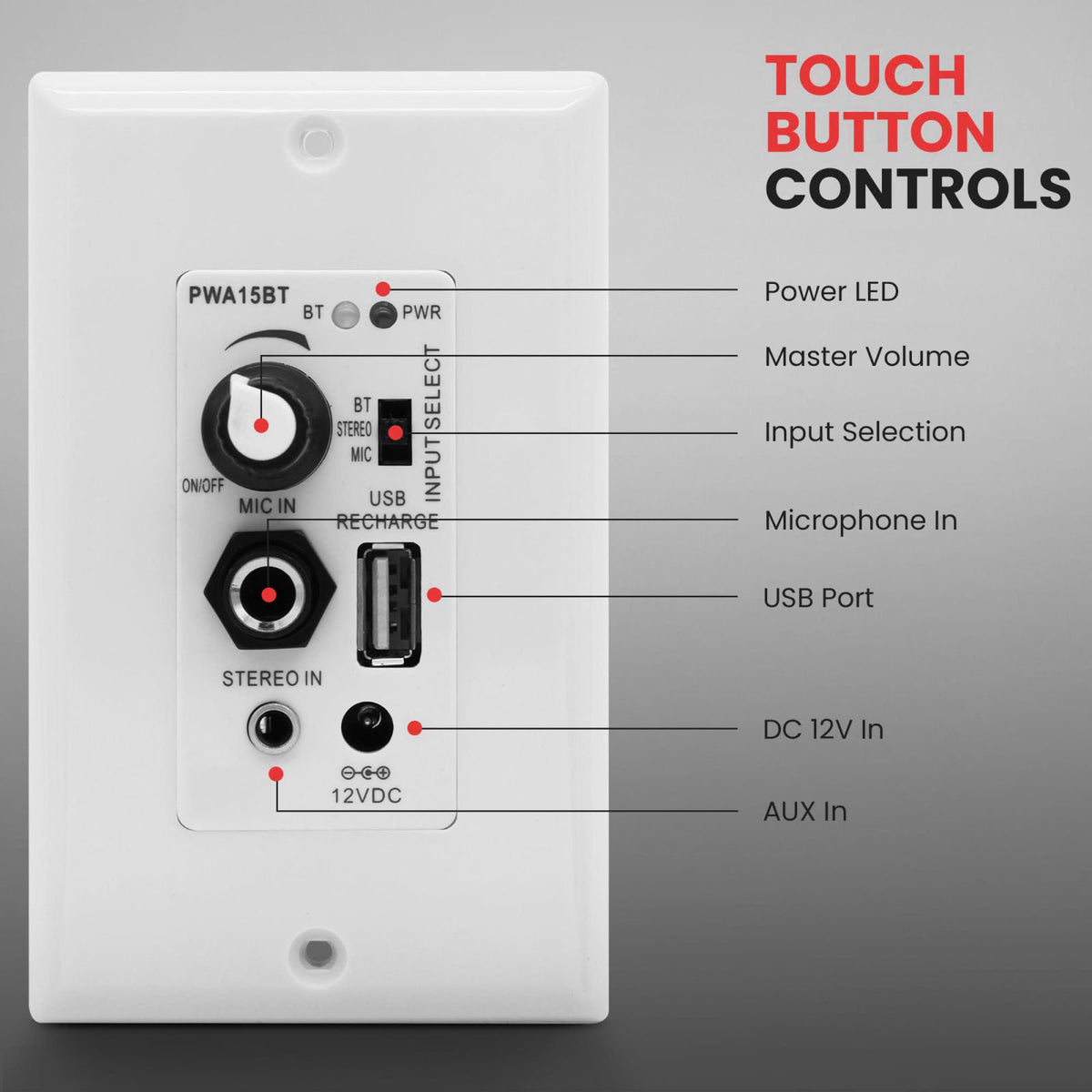 Pyle Wireless BT Receiver Wall Mount - 100W In-Wall Audio Control Receiver w/ Built-in Amplifier, USB/Microphone/Aux (3.