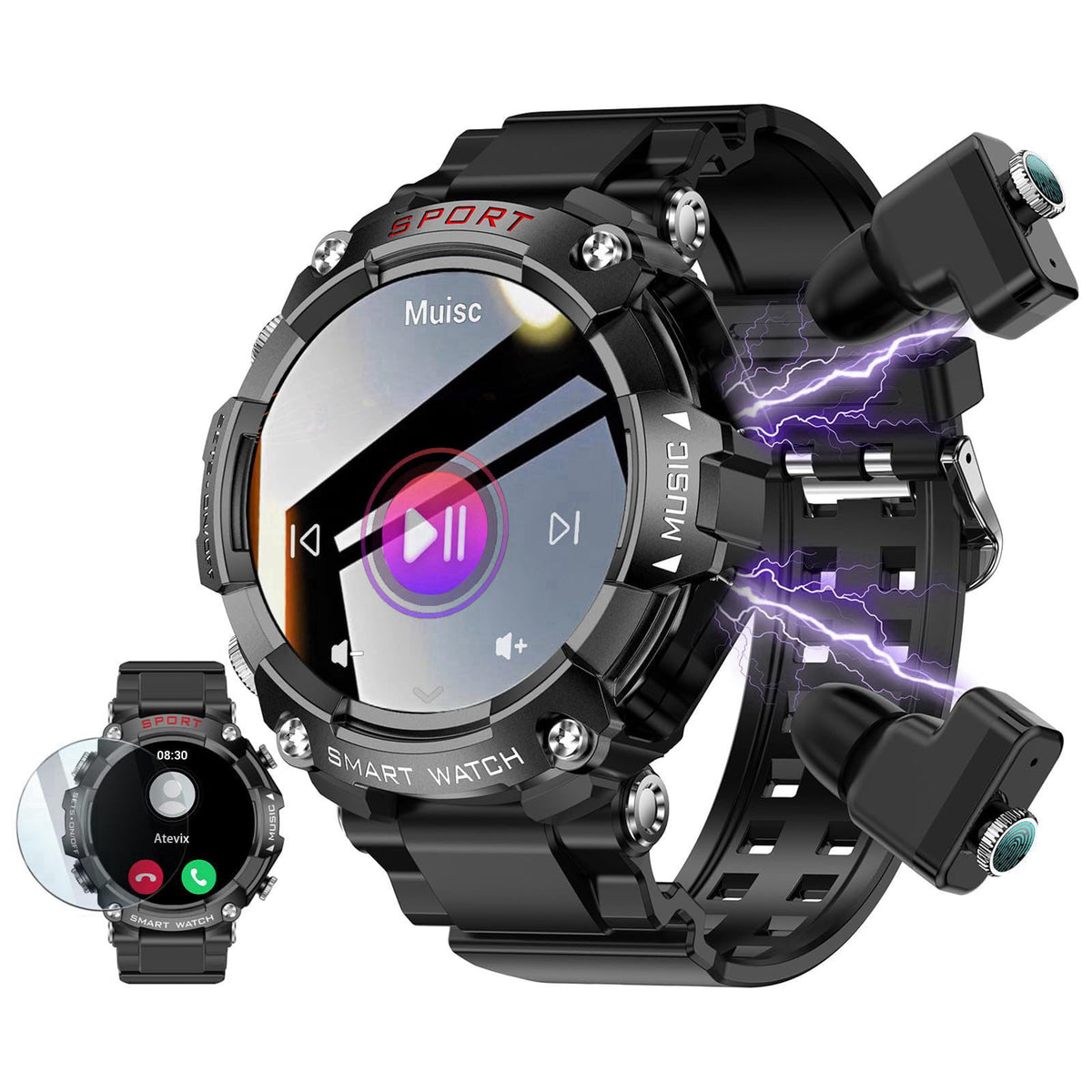 ATEVIX Smart Watch with Earbuds for Men, Smart Watches for Android Phones, Bluetooth Calling can Answer and Make Calls, 