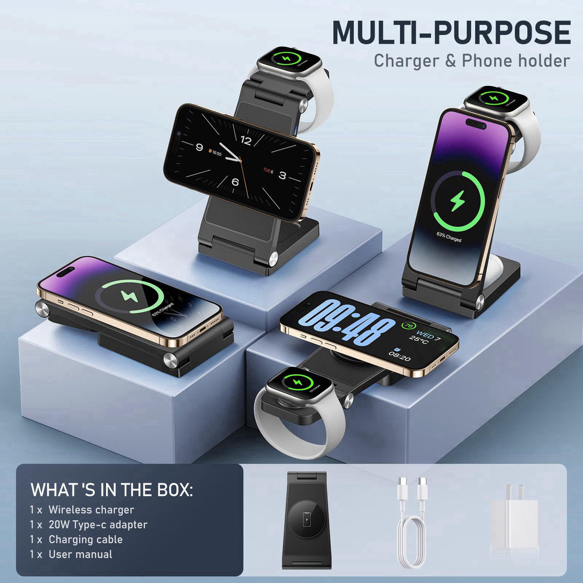 GEJIUCAI Magnetic Wireless Charger Stand, 3 in 1 Foldable Wireless Charging Station with 20W Adapter, Travel Charger for