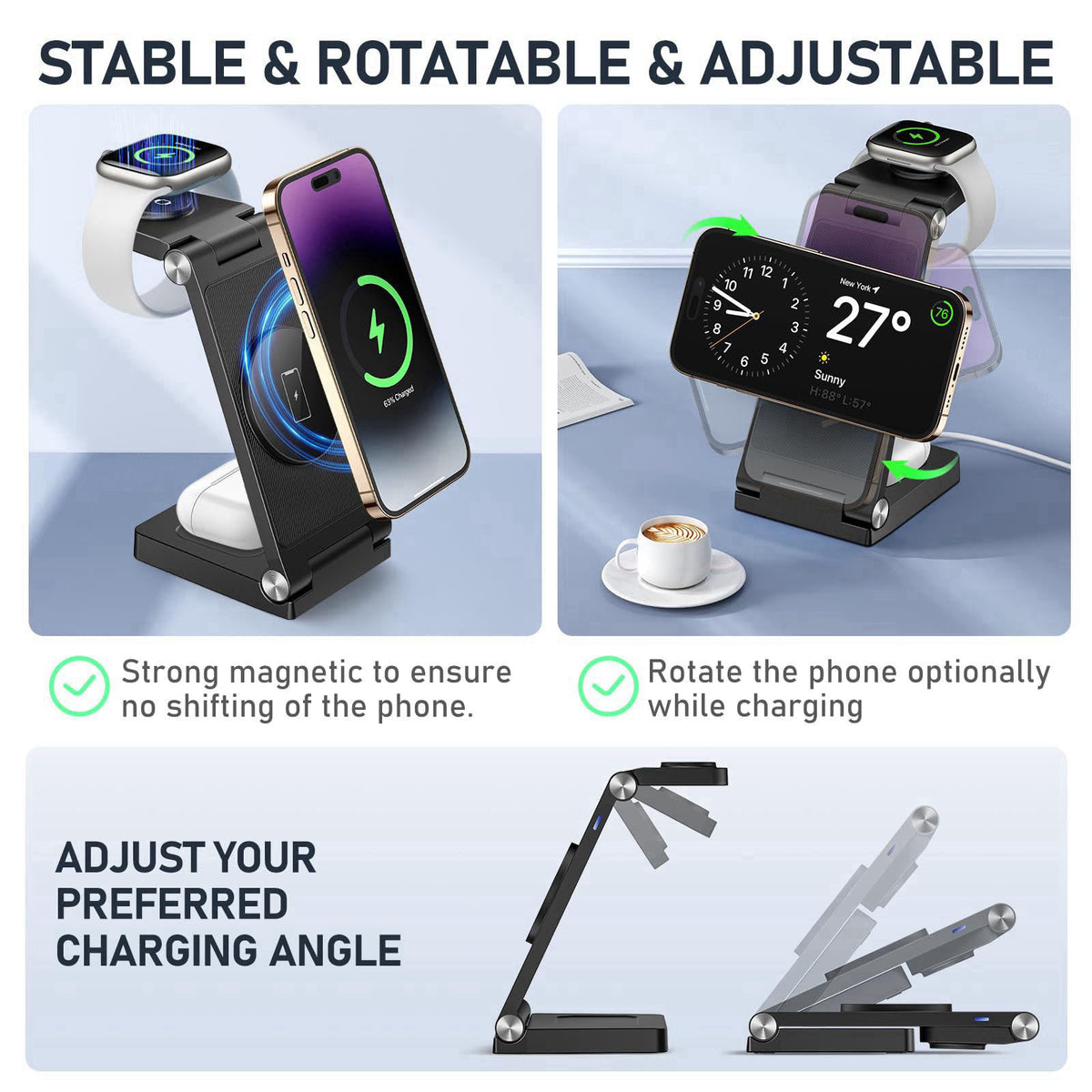 GEJIUCAI Magnetic Wireless Charger Stand, 3 in 1 Foldable Wireless Charging Station with 20W Adapter, Travel Charger for