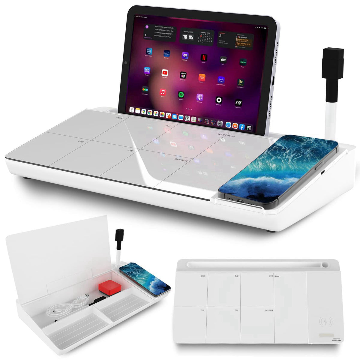 NEXTLUXE CREATIONS NEXTLUXE Glass Desk Whiteboard with Wireless Charger - Desktop Whiteboard with Storage, Weekly Planne