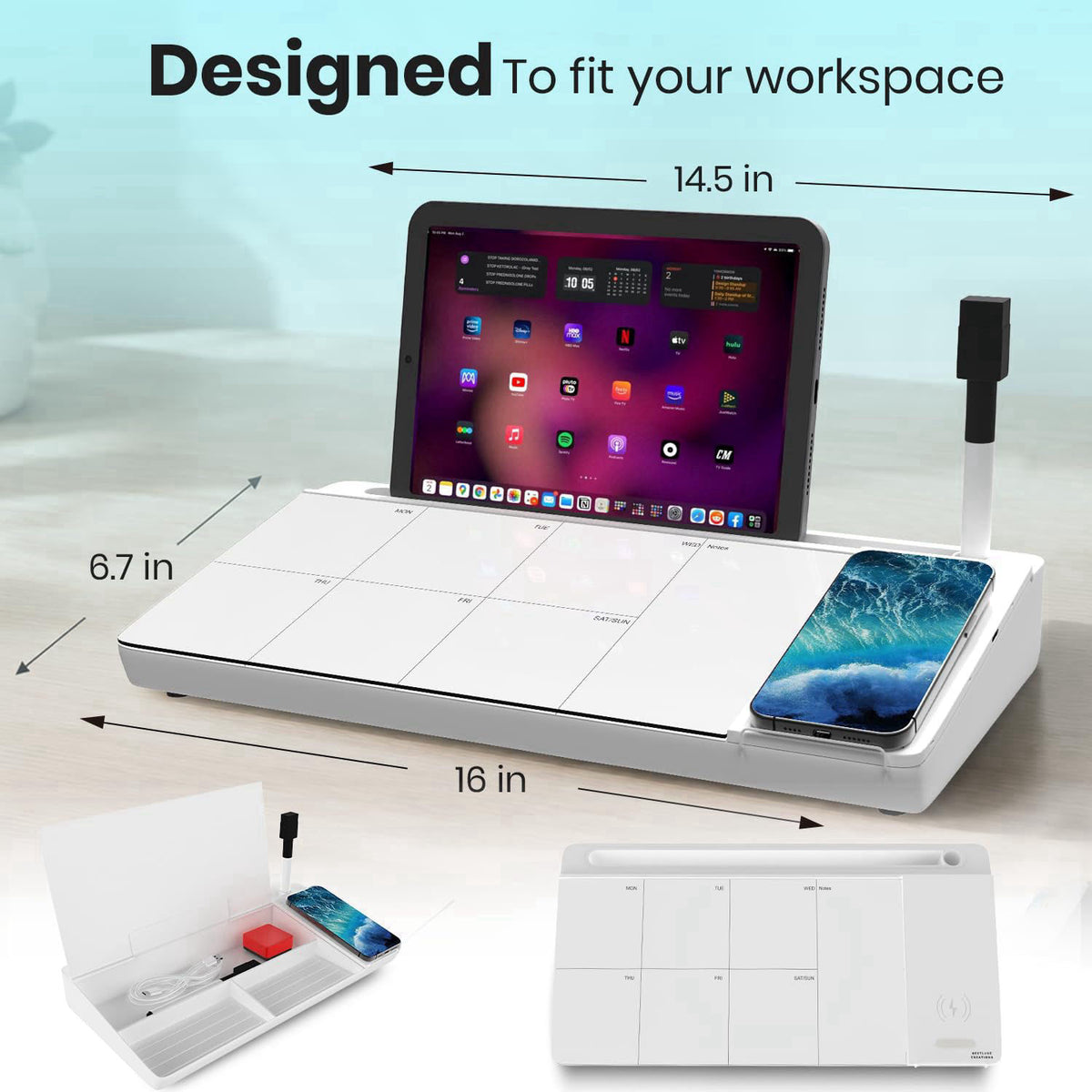 NEXTLUXE CREATIONS NEXTLUXE Glass Desk Whiteboard with Wireless Charger - Desktop Whiteboard with Storage, Weekly Planne
