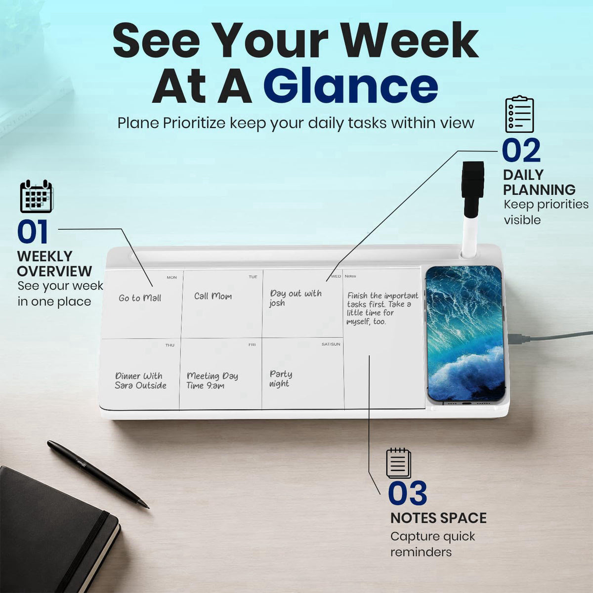 NEXTLUXE CREATIONS NEXTLUXE Glass Desk Whiteboard with Wireless Charger - Desktop Whiteboard with Storage, Weekly Planne