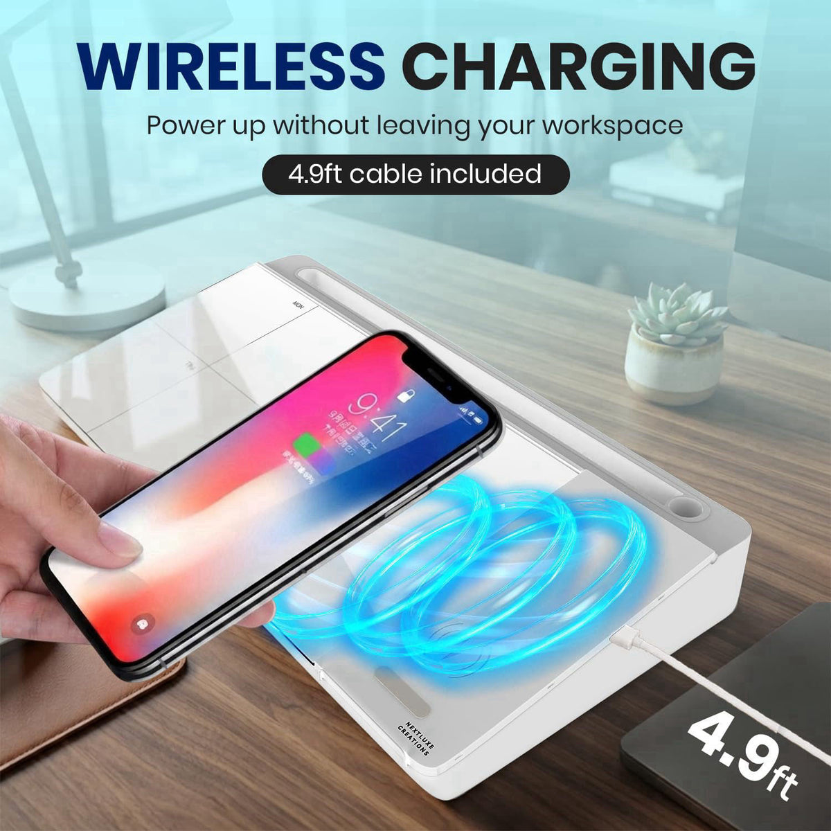NEXTLUXE CREATIONS NEXTLUXE Glass Desk Whiteboard with Wireless Charger - Desktop Whiteboard with Storage, Weekly Planne