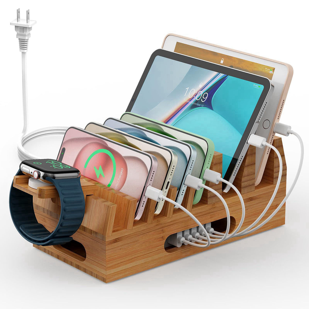 Pezin & Hulin Bamboo Charging Station with 5-Port USB Charger & 5 Cables-Natural Bamboo – product photo (Charging Statio