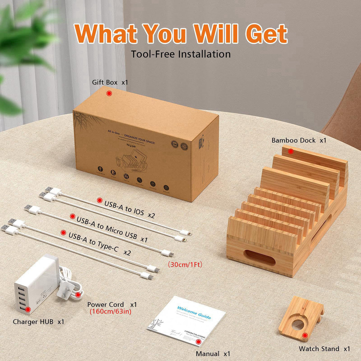 Pezin & Hulin Bamboo Charging Station with 5-Port USB Charger & 5 Cables-Natural Bamboo – packaging and label