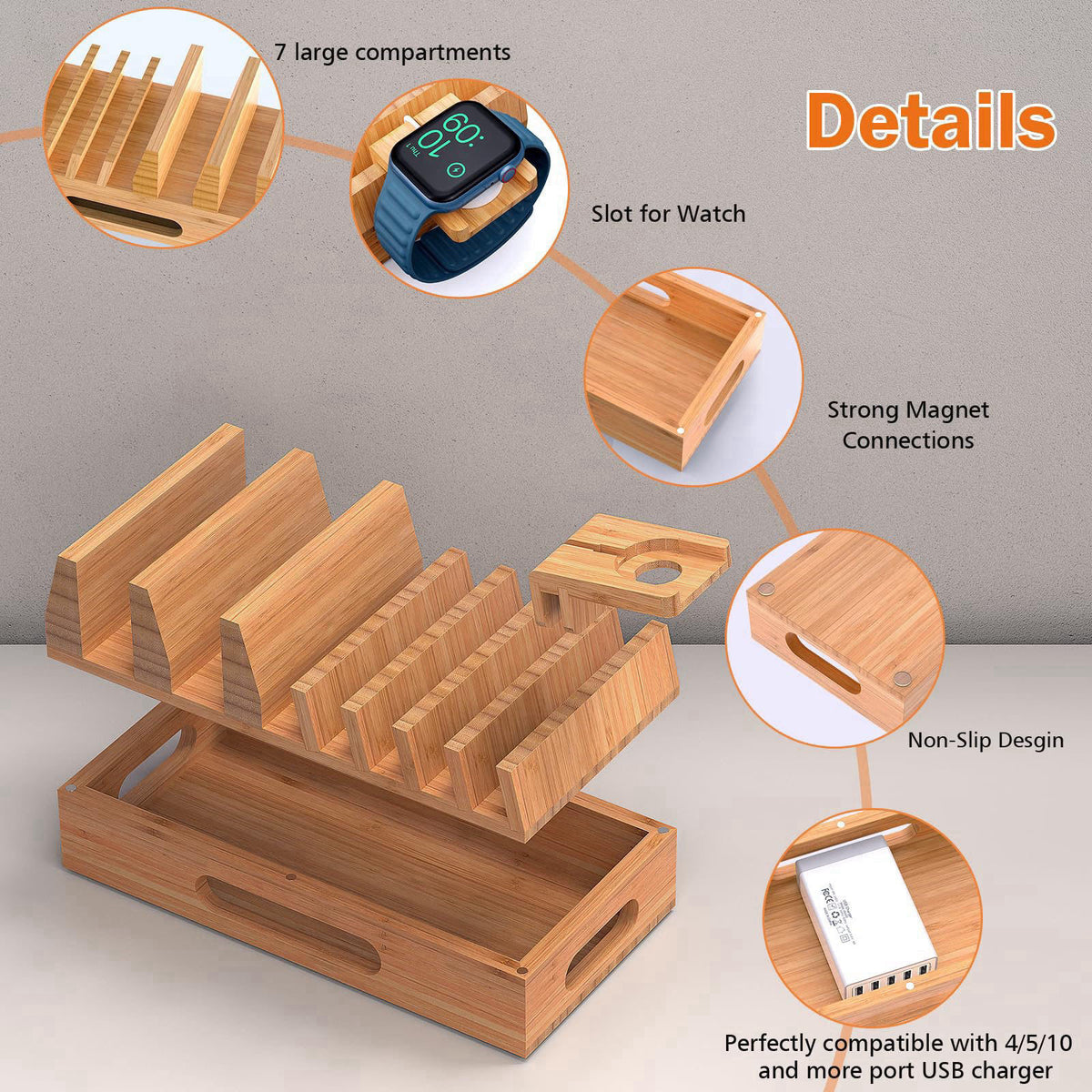 Pezin & Hulin Bamboo Charging Station with 5-Port USB Charger & 5 Cables-Natural Bamboo – full view