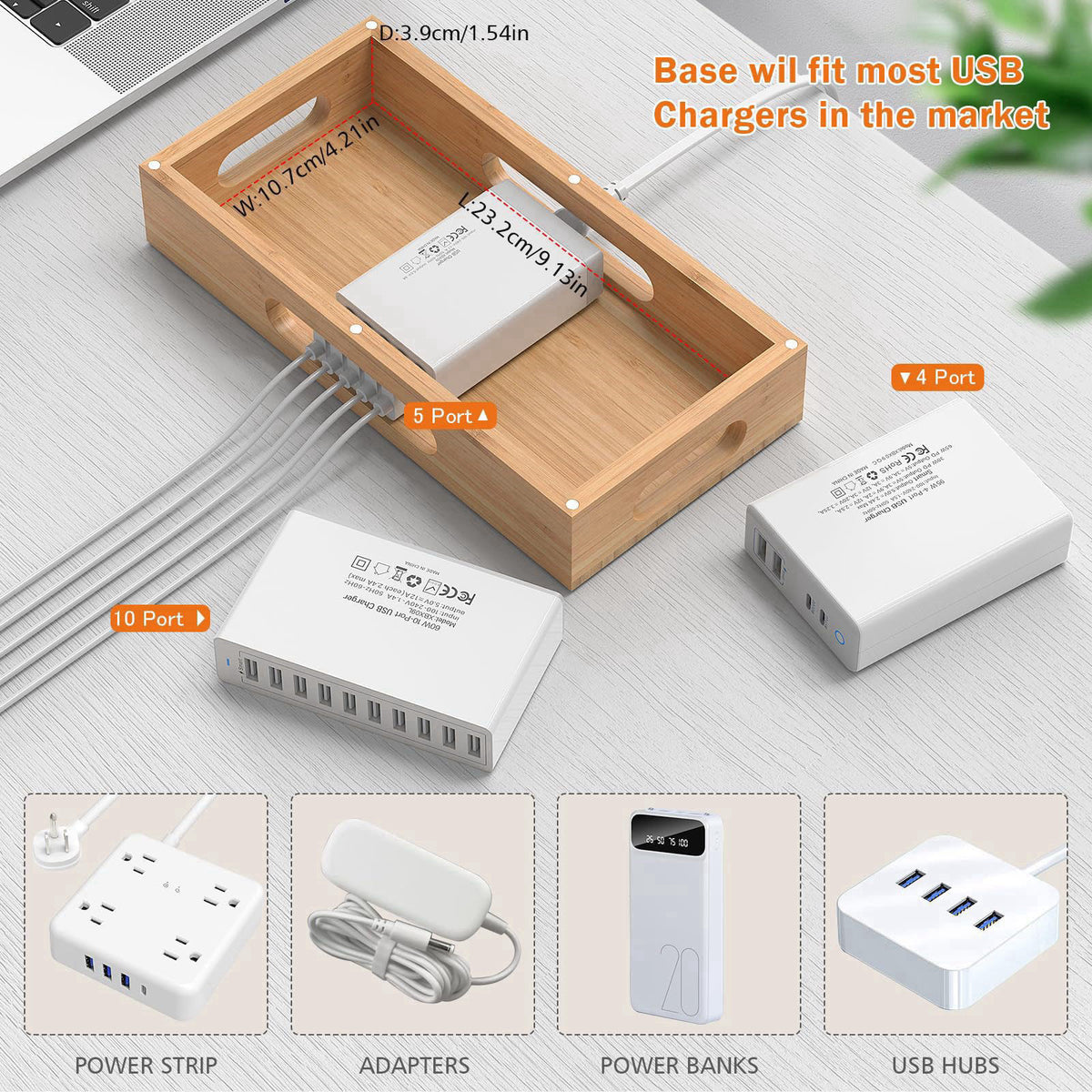 Pezin & Hulin Bamboo Charging Station with 5-Port USB Charger & 5 Cables-Natural Bamboo – back view and specifications