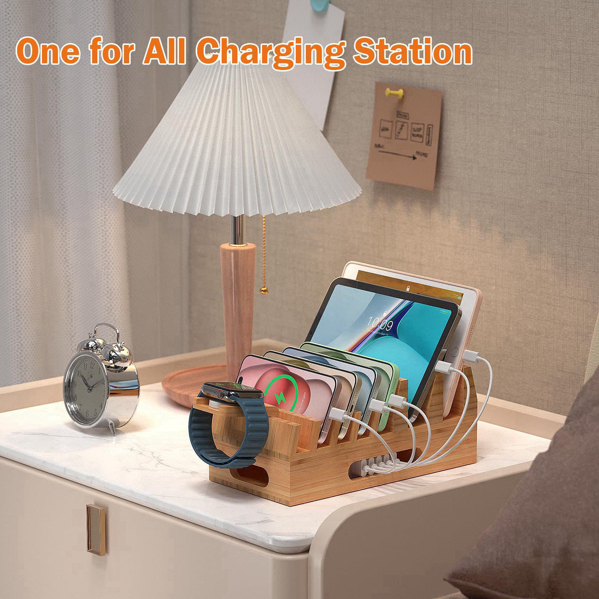 Pezin & Hulin Bamboo Charging Station with 5-Port USB Charger & 5 Cables-Natural Bamboo – alternate angle