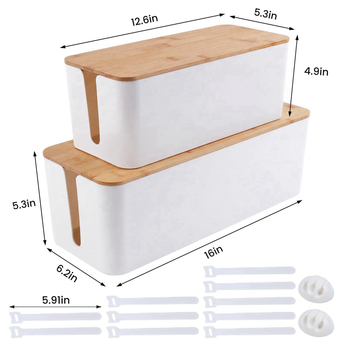 Tuwechen 2 Pack Cable Management Box, Wooden Style Cord Organizer Box – packaging and label