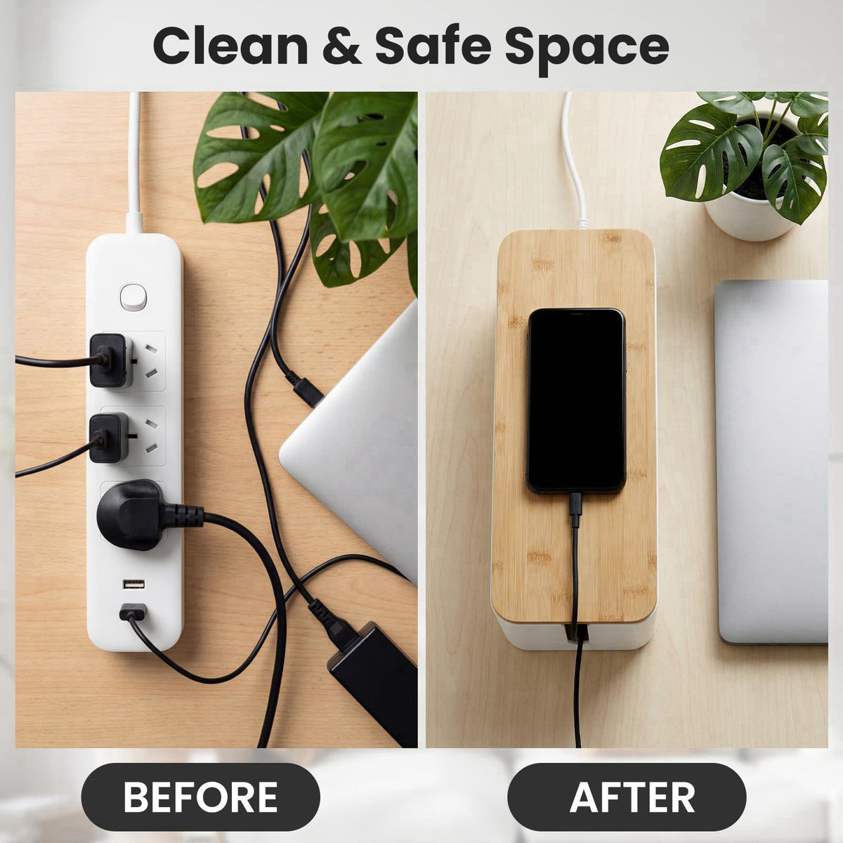 Tuwechen 2 Pack Cable Management Box, Wooden Style Cord Organizer Box – back view and specifications