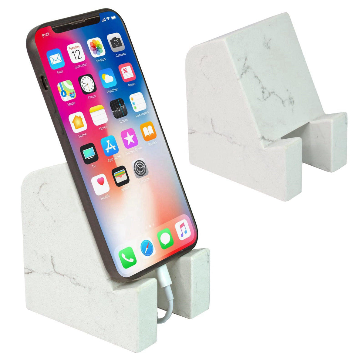 FLOWMAR Marble Phone Stand for Desk – Heavy Quartz Cell Phone Holder, Luxury Black Marble Phone & Tablet Stand, Stable D