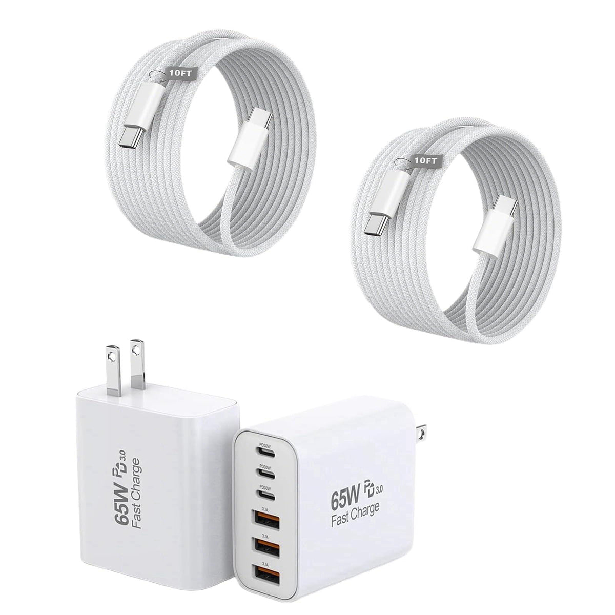Kruidvat 65W USB C Wall Charger Block,2Pack 6Port Fast Charging Block with 10ft Cord – White