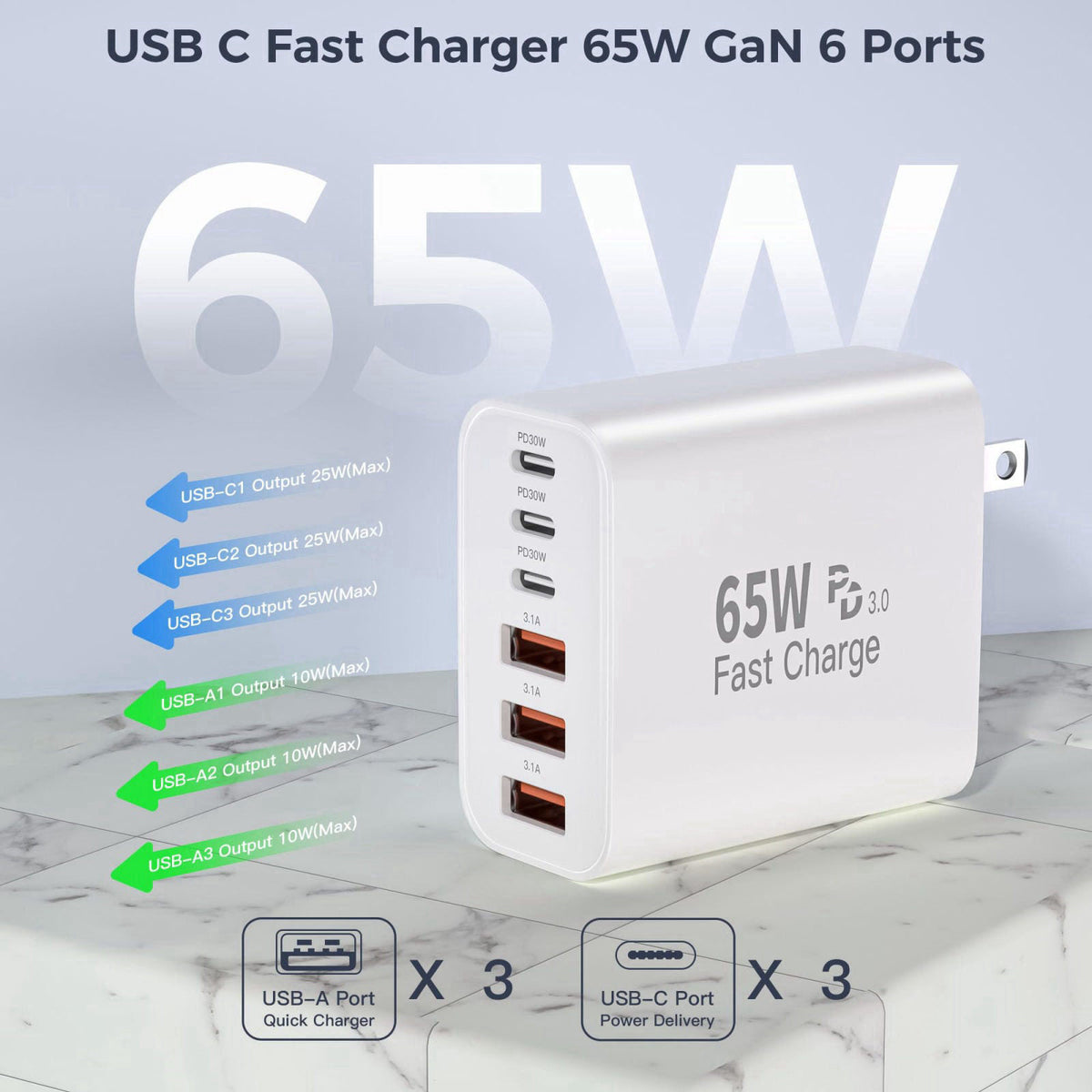 Kruidvat 65W USB C Wall Charger Block,2Pack 6Port Fast Charging Block with 10ft Cord – full view