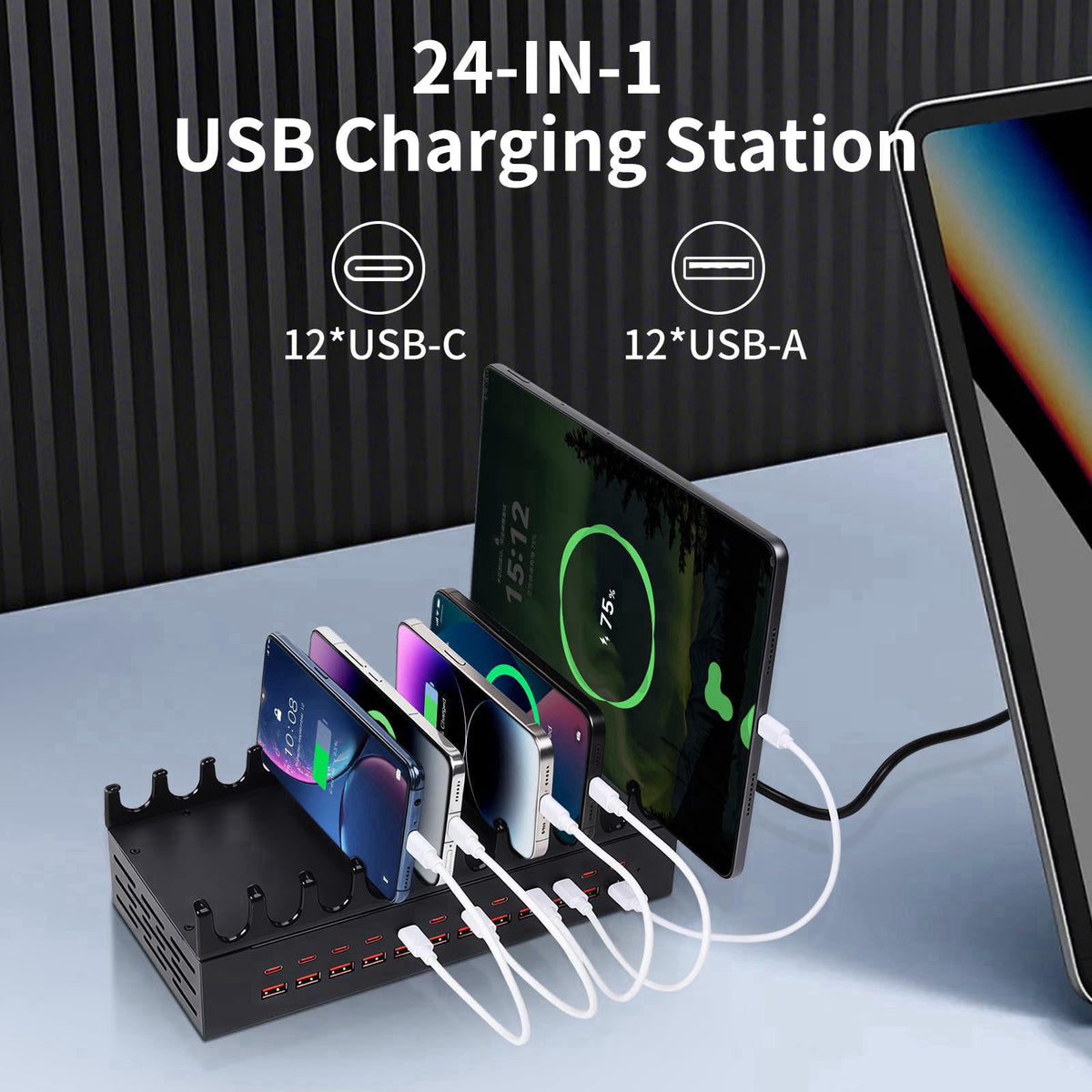 Yoodarmx 24 Ports 400W Charging Station for Multiple Devices with 10 Cables – close-up detail