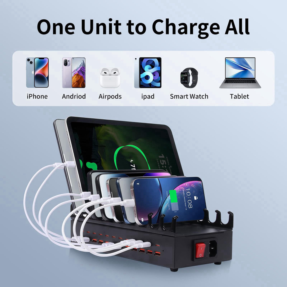 Yoodarmx 24 Ports 400W Charging Station for Multiple Devices with 10 Cables – back view and specifications