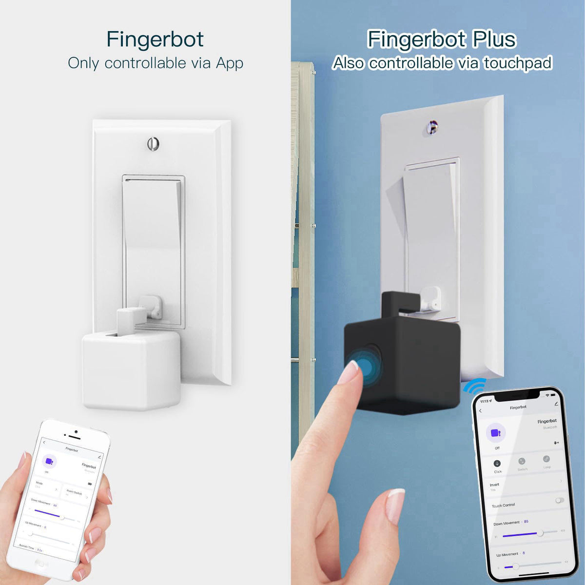 MOES Fingerbot Plus Smart Button Pusher, Touch Control, No Wiring Black – packaging and label