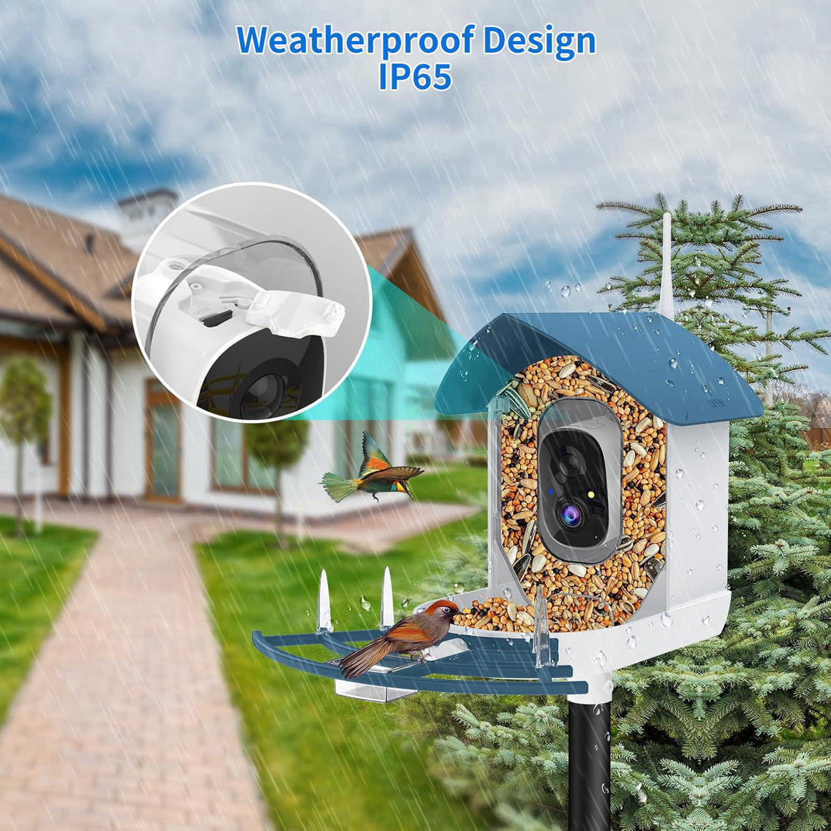Fazoxo Bird Feeder with Camera,Birds House Camera,Solar Powered,AI Bird ID – back view and specifications