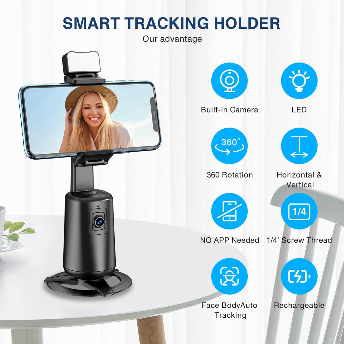 jiangler Auto Face Tracking Tripod, 360° Rotating Phone Stand with Remote Control – close-up detail in Black