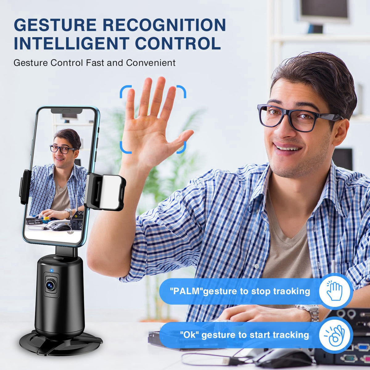 jiangler Auto Face Tracking Tripod, 360° Rotating Phone Stand with Remote Control – packaging and label