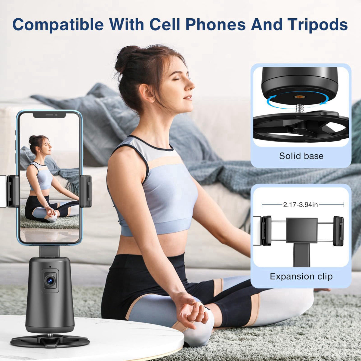 jiangler Auto Face Tracking Tripod, 360° Rotating Phone Stand with Remote Control – back view and specifications