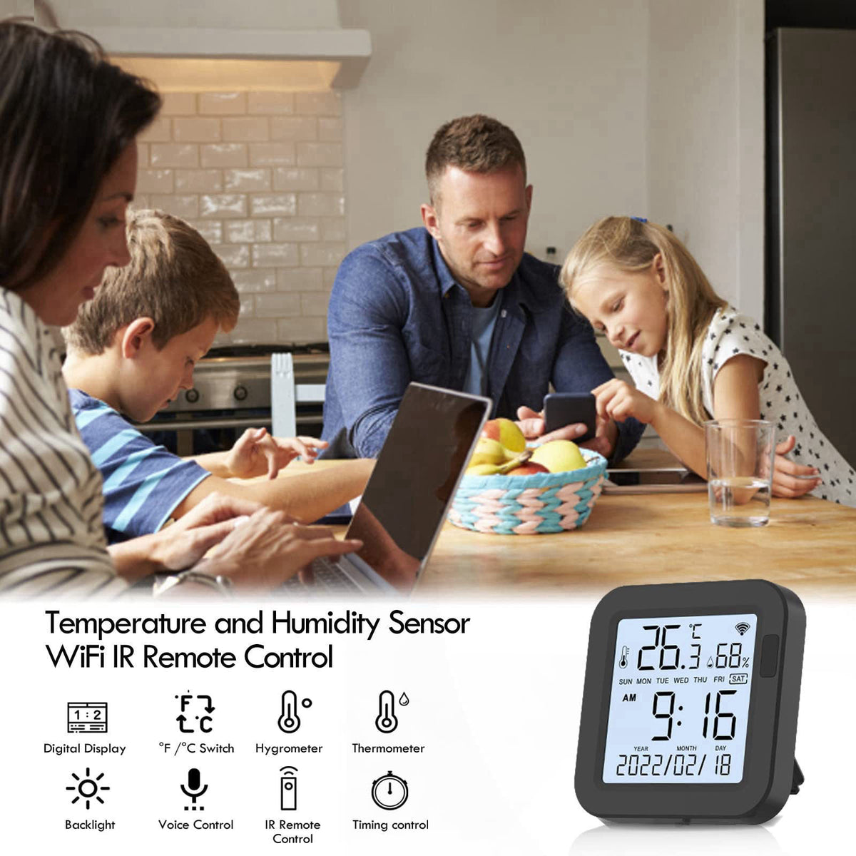 Yasorn eMylo WiFi Thermometer Hygrometer, Smart IR Remote, Digital Temperature and Humidity Sensor with Backlight, Unive