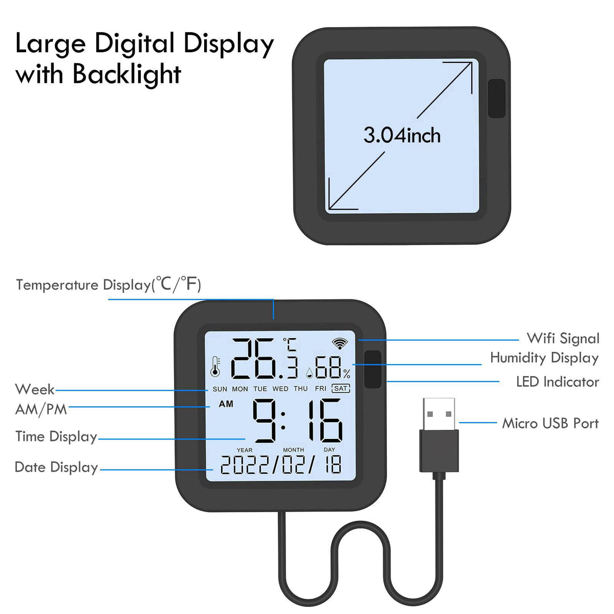 Yasorn eMylo WiFi Thermometer Hygrometer, Smart IR Remote, Digital Temperature and Humidity Sensor with Backlight, Unive