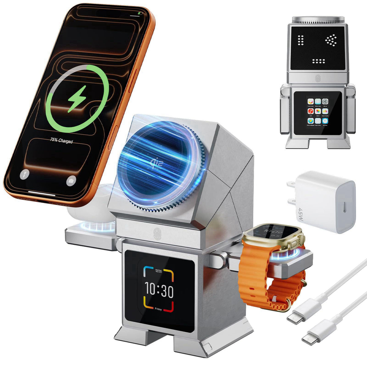 OxyGear 7-in-1 Robot Wireless Charging Station, Qi2.2 25W Magnetic Wireless Charger for iPhone 18-12 Series, AirPods & i