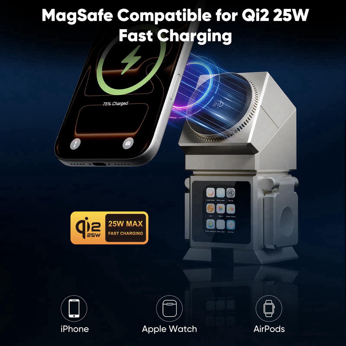 OxyGear 7-in-1 Robot Wireless Charging Station, Qi2.2 25W Magnetic Wireless Charger for iPhone 18-12 Series, AirPods & i