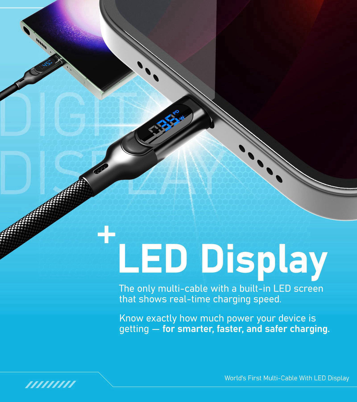 Futurizta Tech® Hydra 3‑in‑1 Triple USB‑C 100 W PD Fast‑Charge Cable with Smart Triboost® & LED Watt Display – Charge La