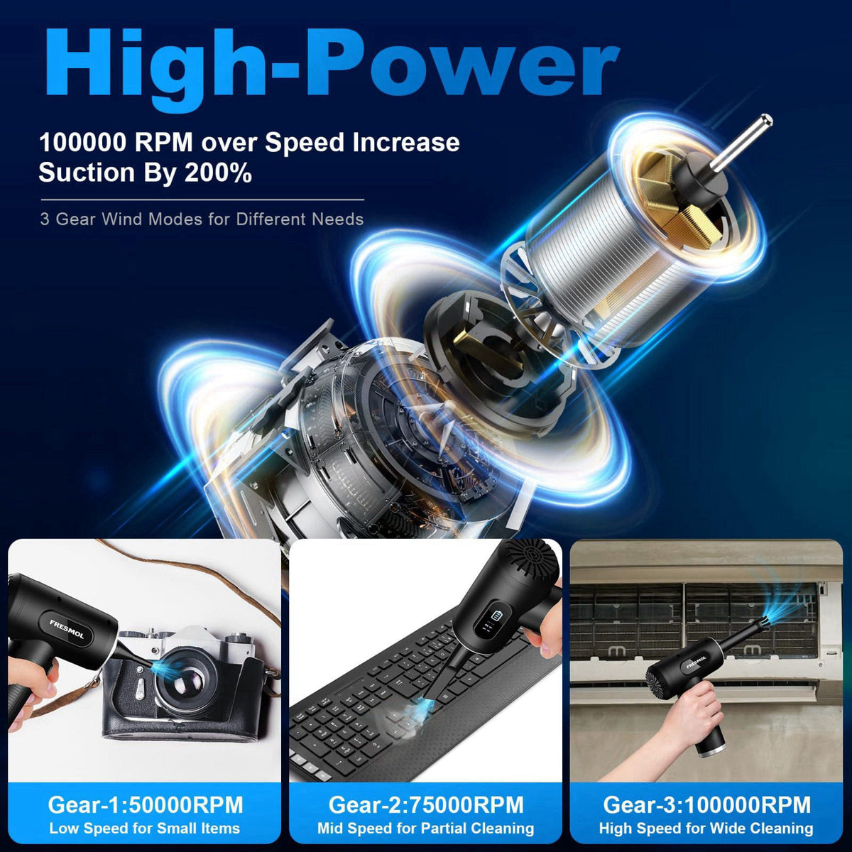 FRESMOL Compressed Air Duster, Rechargeable Cordless Electric Air Blower – close-up detail
