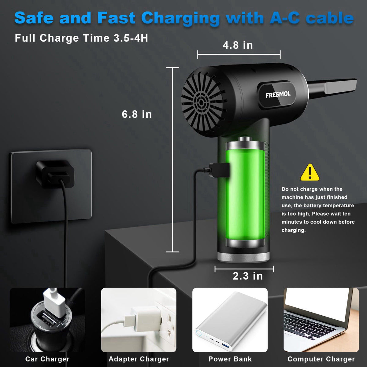 FRESMOL Compressed Air Duster, Rechargeable Cordless Electric Air Blower – back view and specifications
