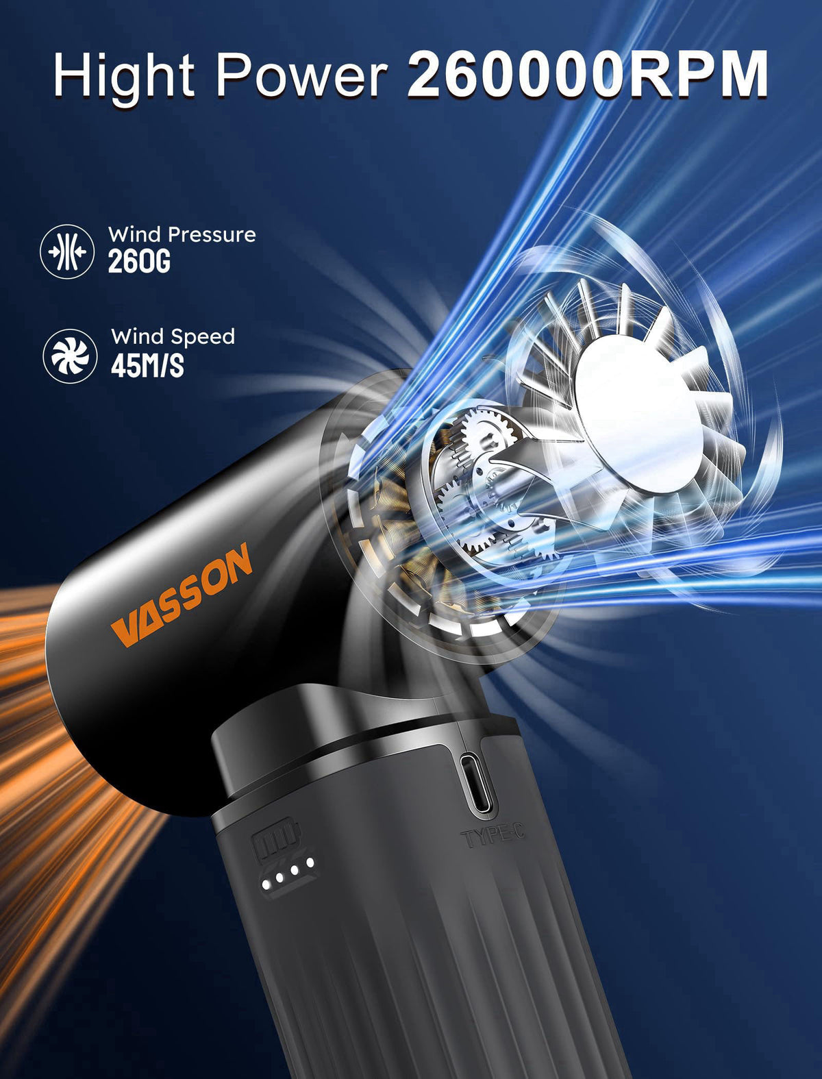 VASSON Compressed Air Duster 260000RPM, Cordless Ultra 3-Speed Adjustable – packaging and label