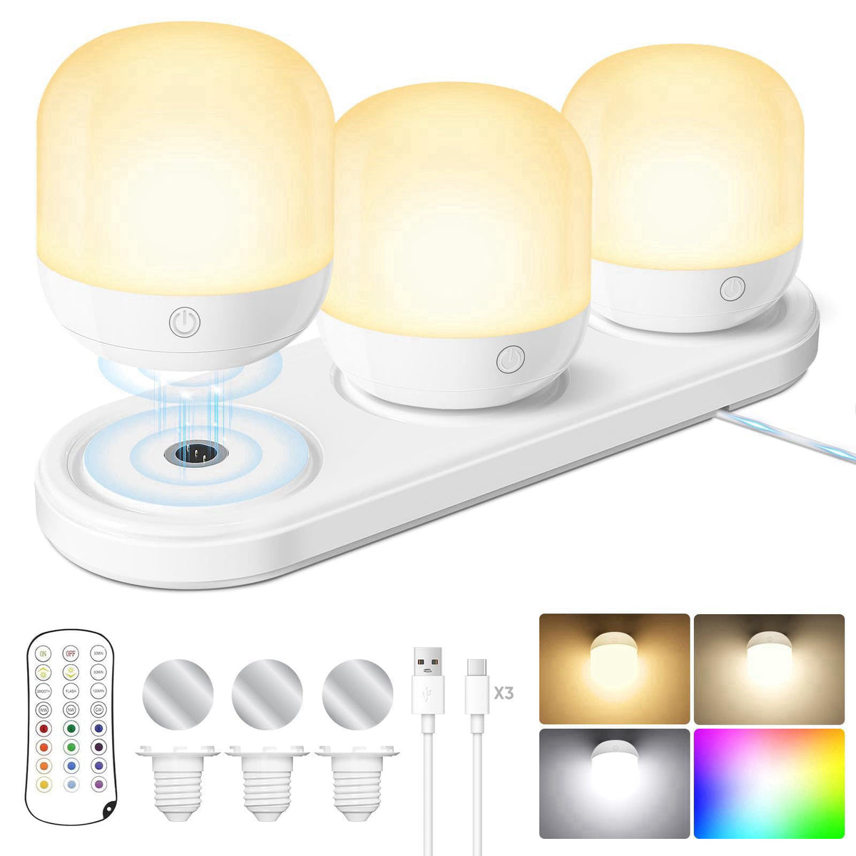 Yochoice Rechargeable Battery Operated Light Bulb Set with 3 in 1 Charging Station