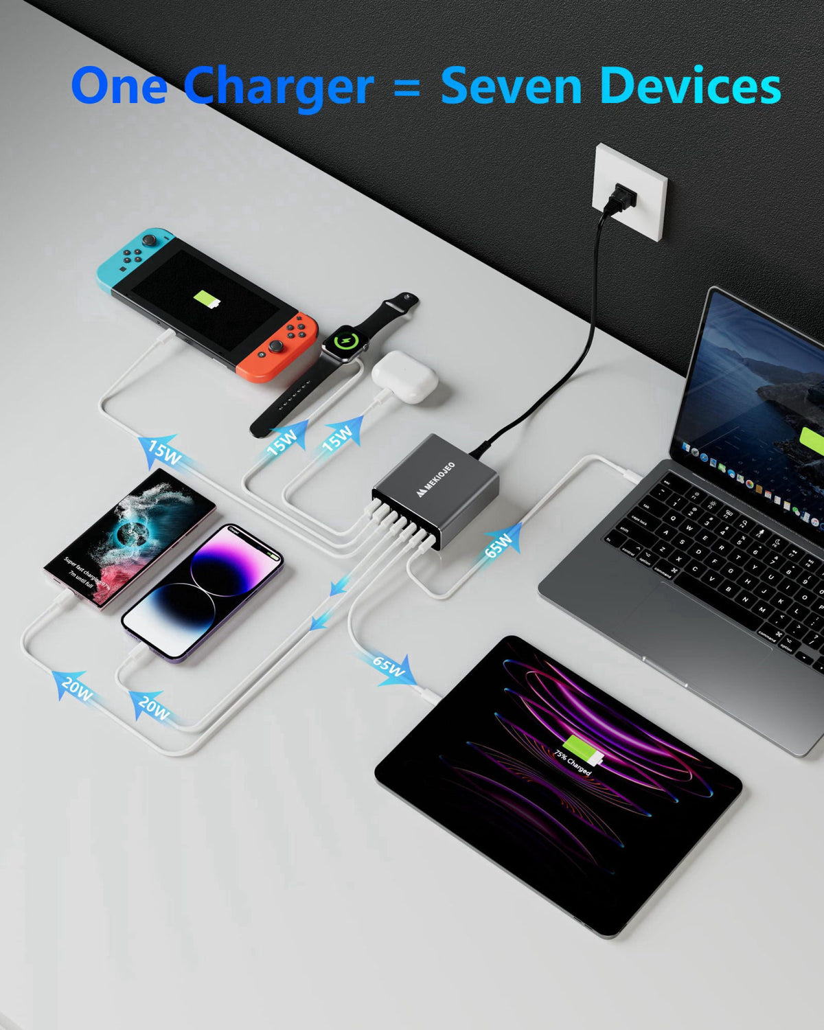 MEKIOJEO Aluminum Alloy 260W USB C Charger GaN Fast USB C Charging Station – alternate angle
