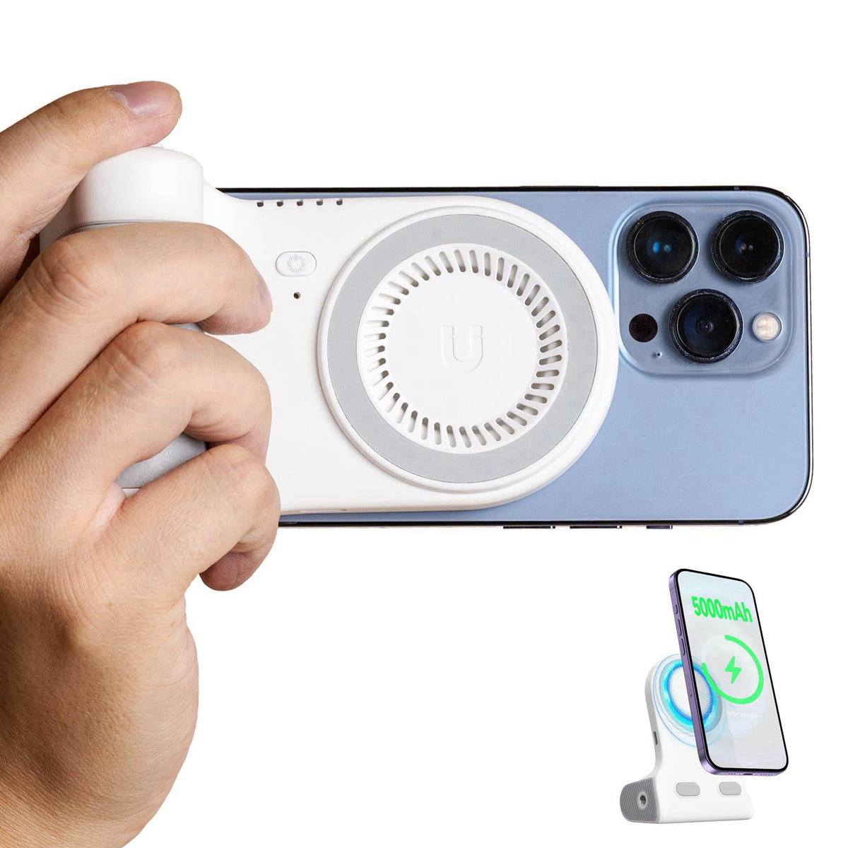 KraftGeek Magnetic Phone Stand Camera Grip for iPhone Magsafe, Rechargeable – back view and specifications