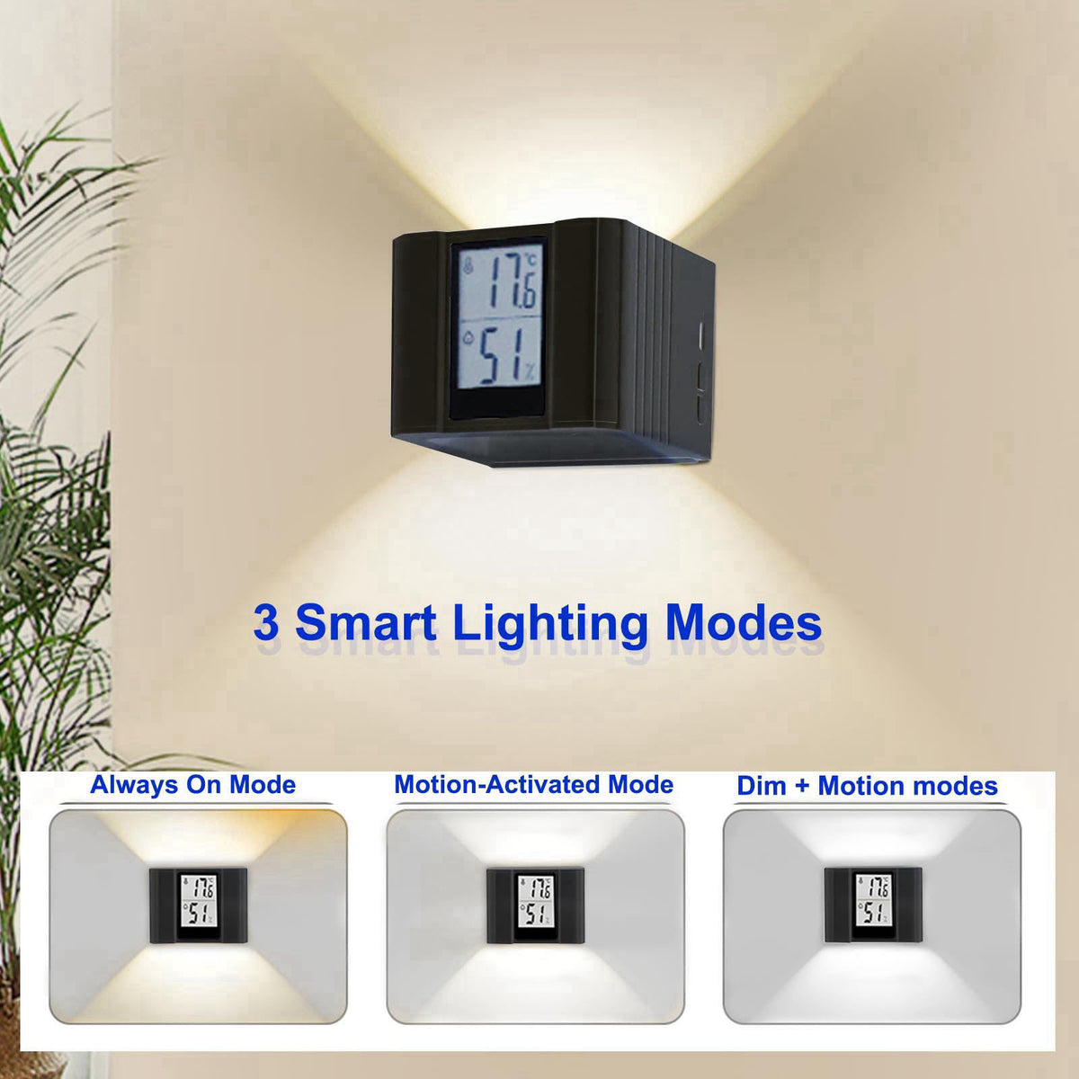 NBWDY LED Wall Sconce Motion-Activated Wall Lights with Real Time Temp & Humidity Display– 3-Mode Sensor Light,USB Recha
