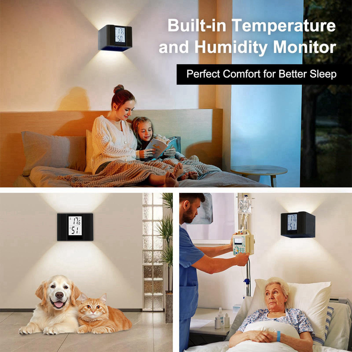NBWDY LED Wall Sconce Motion-Activated Wall Lights with Real Time Temp & Humidity Display– 3-Mode Sensor Light,USB Recha