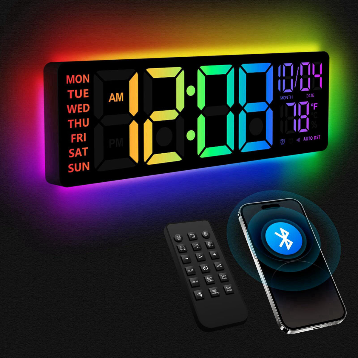 YISILE 16 Inch RGB LED Digital Wall Clock - 8 Color Display, 6 Night Light Modes, Bluetooth Auto Time Sync, Sound Wake-U