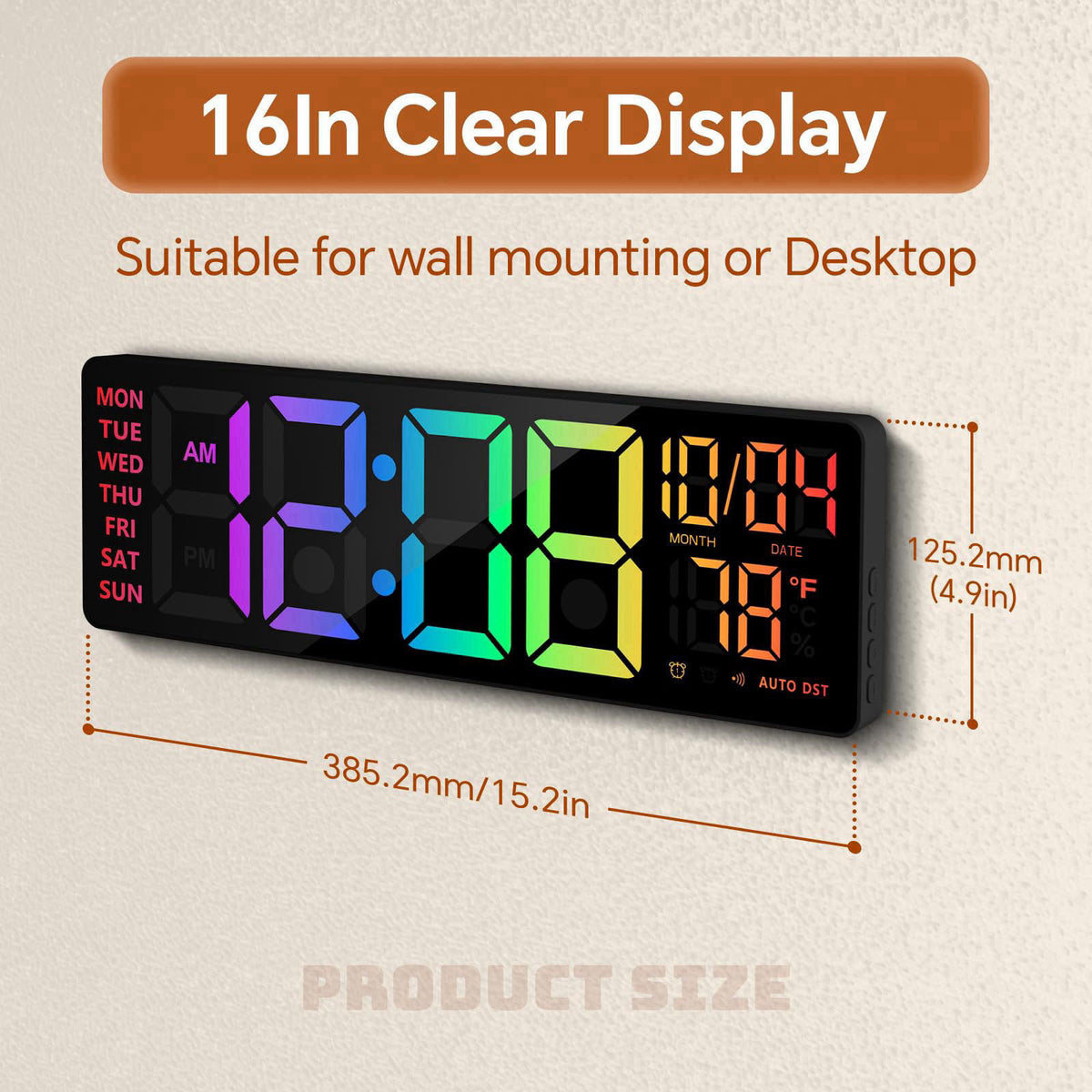 YISILE 16 Inch RGB LED Digital Wall Clock - 8 Color Display, 6 Night Light Modes, Bluetooth Auto Time Sync, Sound Wake-U