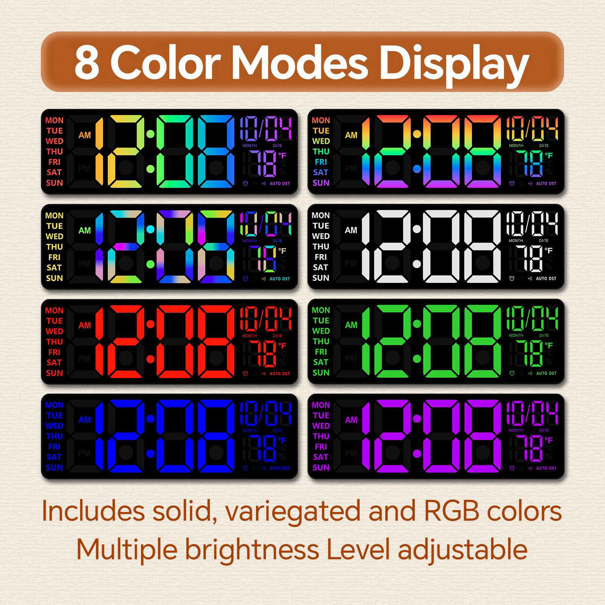 YISILE 16 Inch RGB LED Digital Wall Clock - 8 Color Display, 6 Night Light Modes, Bluetooth Auto Time Sync, Sound Wake-U