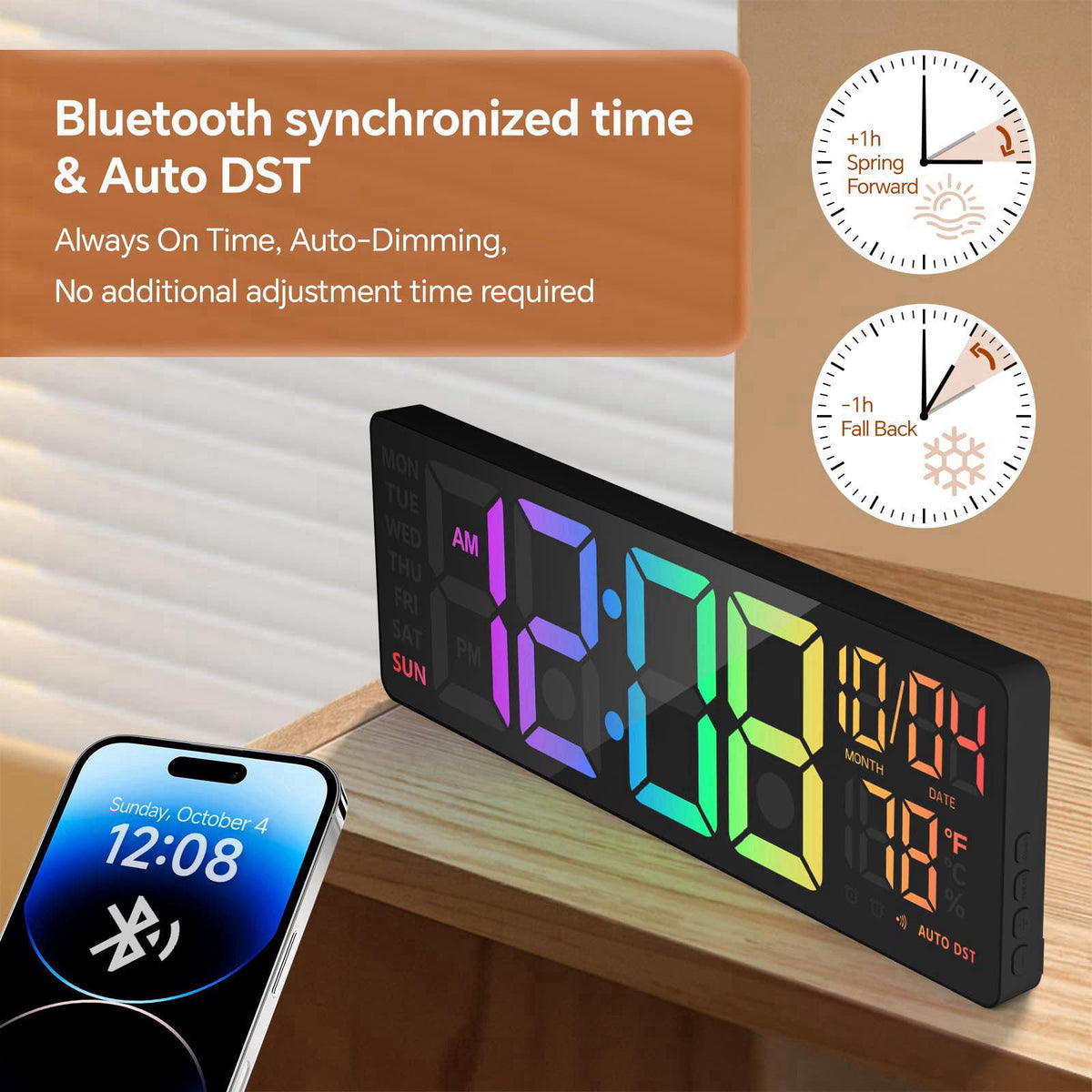 YISILE 16 Inch RGB LED Digital Wall Clock - 8 Color Display, 6 Night Light Modes, Bluetooth Auto Time Sync, Sound Wake-U