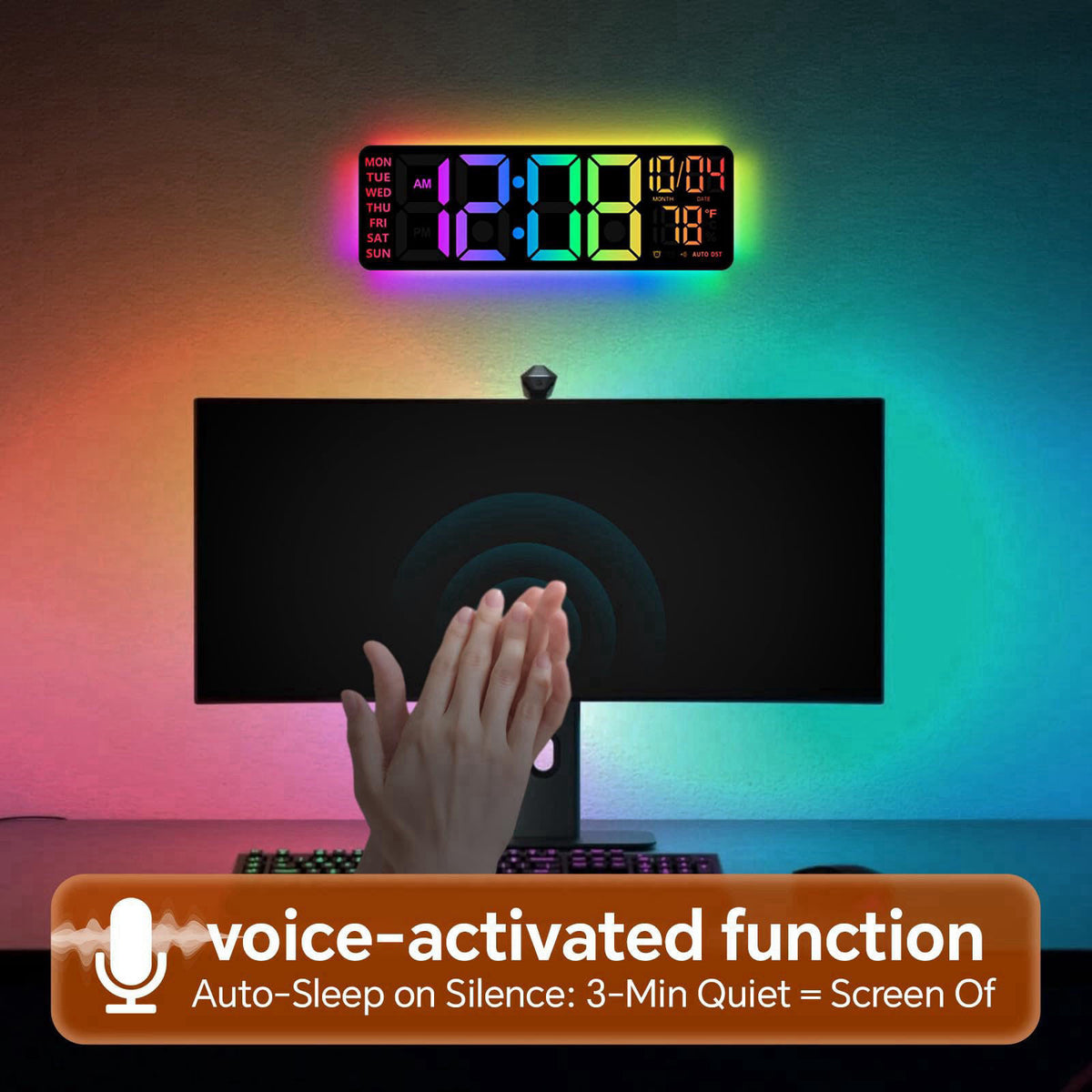 YISILE 16 Inch RGB LED Digital Wall Clock - 8 Color Display, 6 Night Light Modes, Bluetooth Auto Time Sync, Sound Wake-U