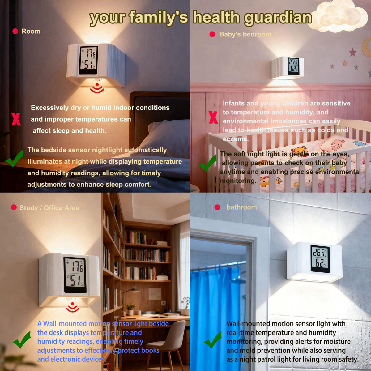 UWDESY Smart Sensor Wall Lamp，Control 3 Colors Wireless Wall Light LED Indoor Wall Sconce 4000mAh Rechargeable Battery P