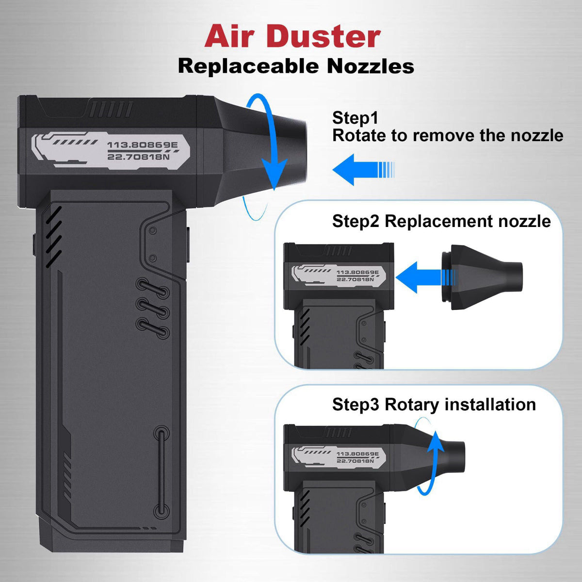 SDFM Compressed Air Duster,180,000RPM High Speed brushless Motor Mini Blower – back view and specifications