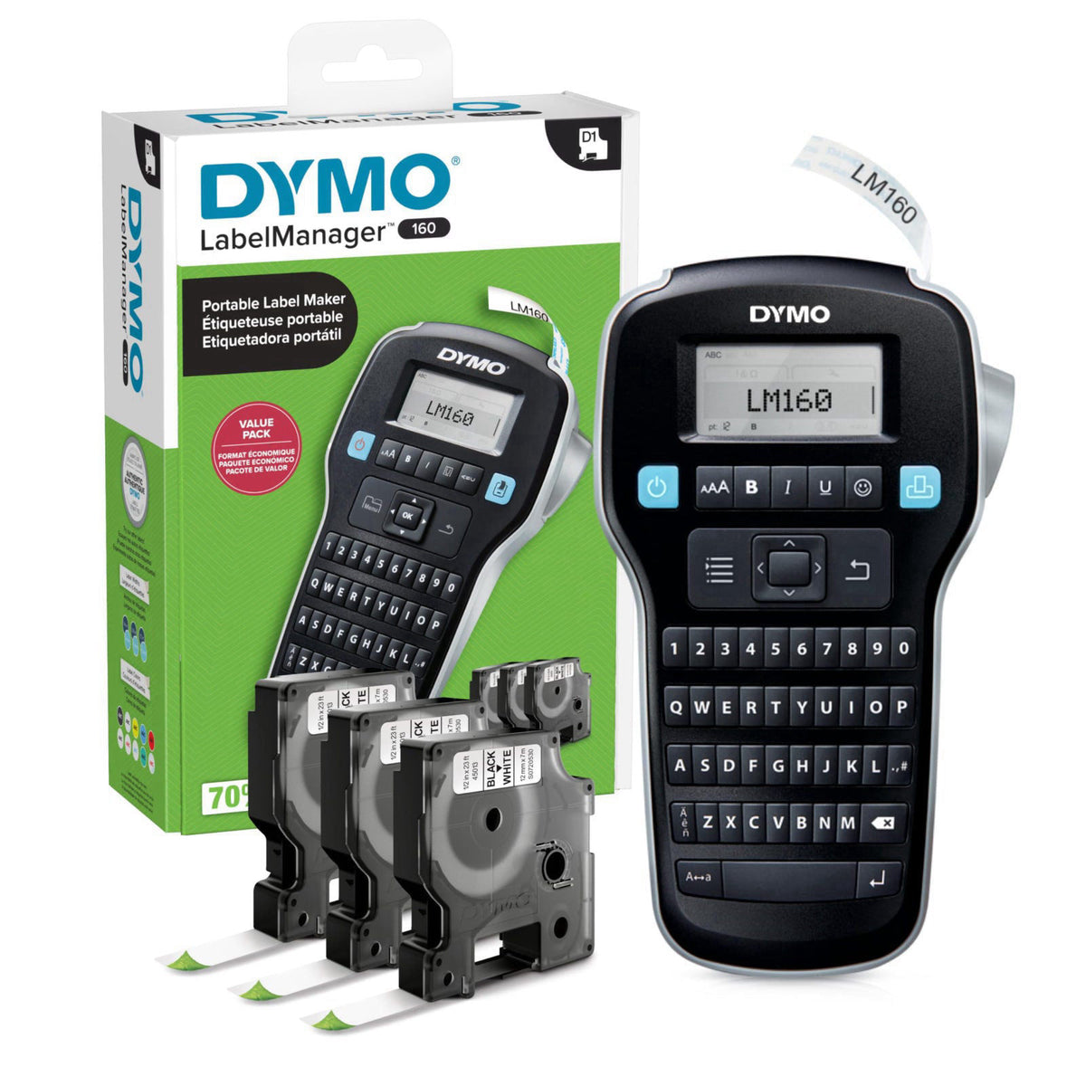 DYMO LabelManager 160 Label Maker Bundle with 3 D1 Label Cassettes, Portable Handheld, QWERTY Keyboard, One-Touch Smart 