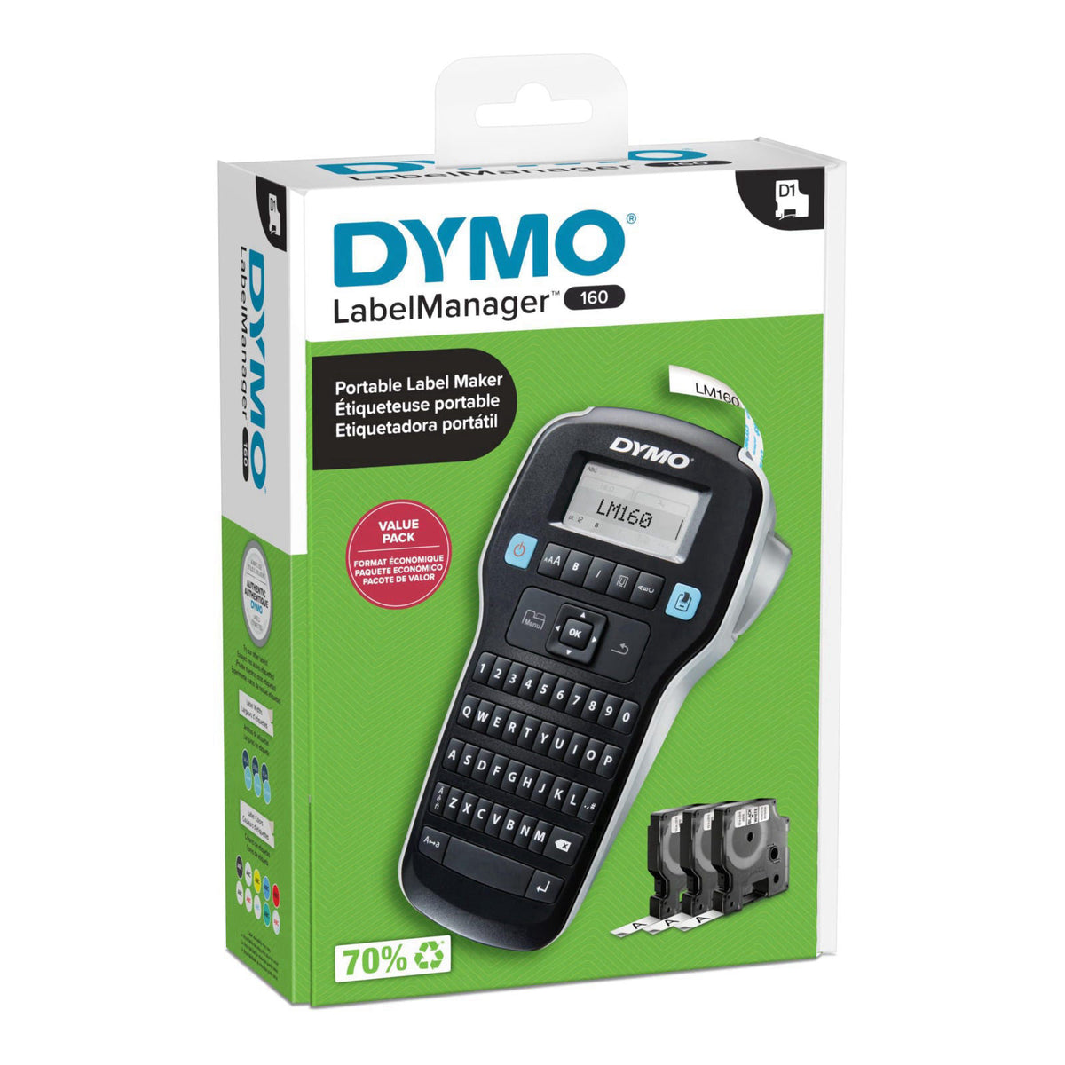 DYMO LabelManager 160 Label Maker Bundle with 3 D1 Label Cassettes, Portable Handheld, QWERTY Keyboard, One-Touch Smart 
