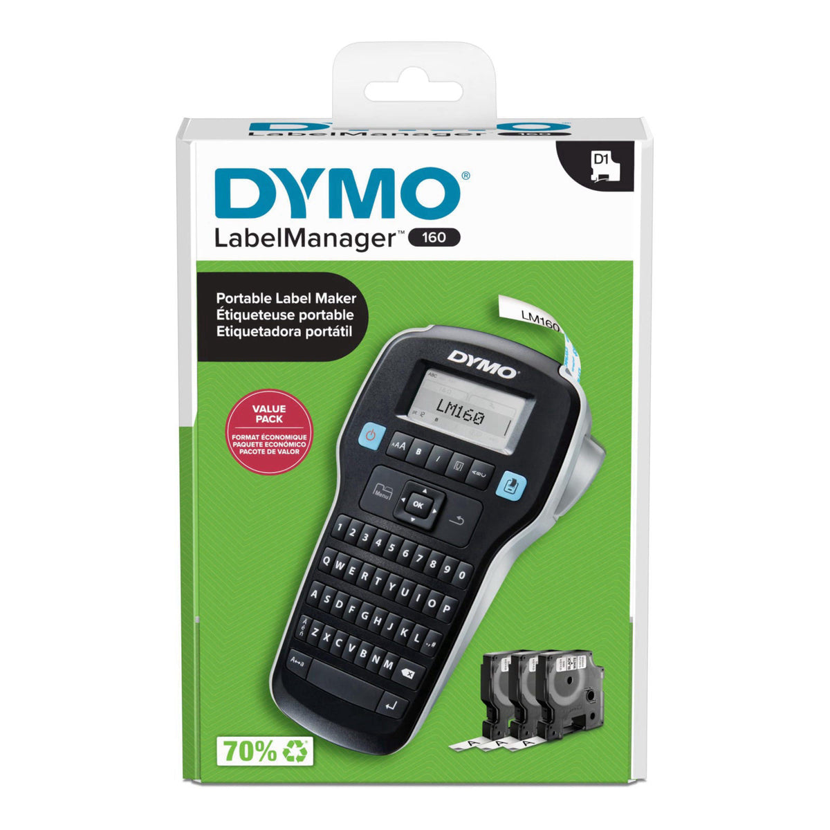 DYMO LabelManager 160 Label Maker Bundle with 3 D1 Label Cassettes, Portable Handheld, QWERTY Keyboard, One-Touch Smart 